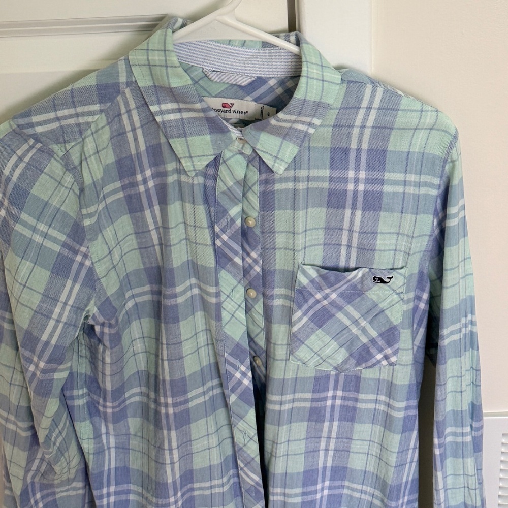 Light Blue and Green Plaid Women's Shirt